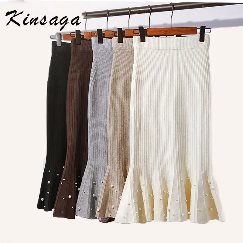 Женская зимняя трикотажная юбка-Русалка с жемчугом и бисером оборками на подоле