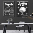 Холщовые постеры с изображением меню гамбургеров, картины с изображением еды, черные и белые картины, настенное украшение для ресторана, гамбургера, магазина, Картина на холсте