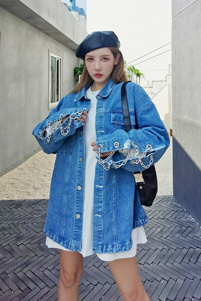 

TVVOVVIN Autumn And New Winte Fashion Streetwear Blue Chain Long-sleeved Botton Loose Mid-length Denim Coat Women S38S