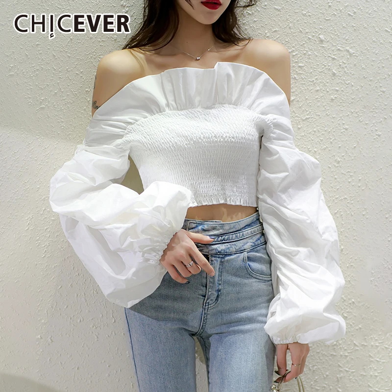 

CHICEVER Elegant Blouses For Women Slash Neck Lantern Long Sleeve Ruched Ruffles Woven Slim Shirt Female 2021 Autumn Clothes New