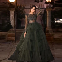 verngo dark green tulle layers skirt ball gown prom dresses sheer neck long sleeves beads diamond luxury dubai evening dress