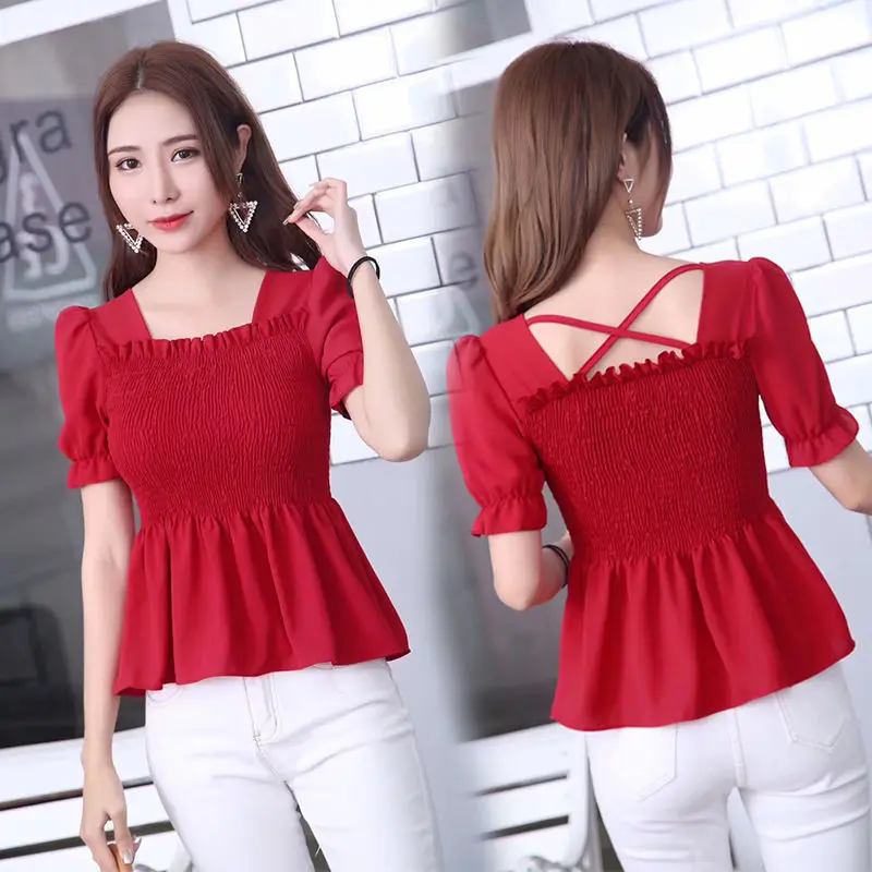 

Womens Blouses And Tops French Style Solid Color Sexy Square Neck Designer Ruffle Elastic Chiffon Shirt Back Tie TopsMM0193