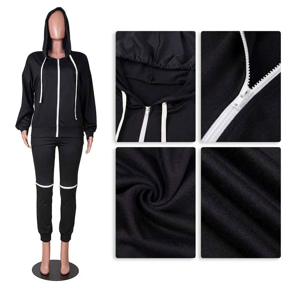 

Women Tracksuits Two Piece Outfits Solid Color Drawstring Hooded Top High Waist Hole Zipper Jogging Pants Club Outfit