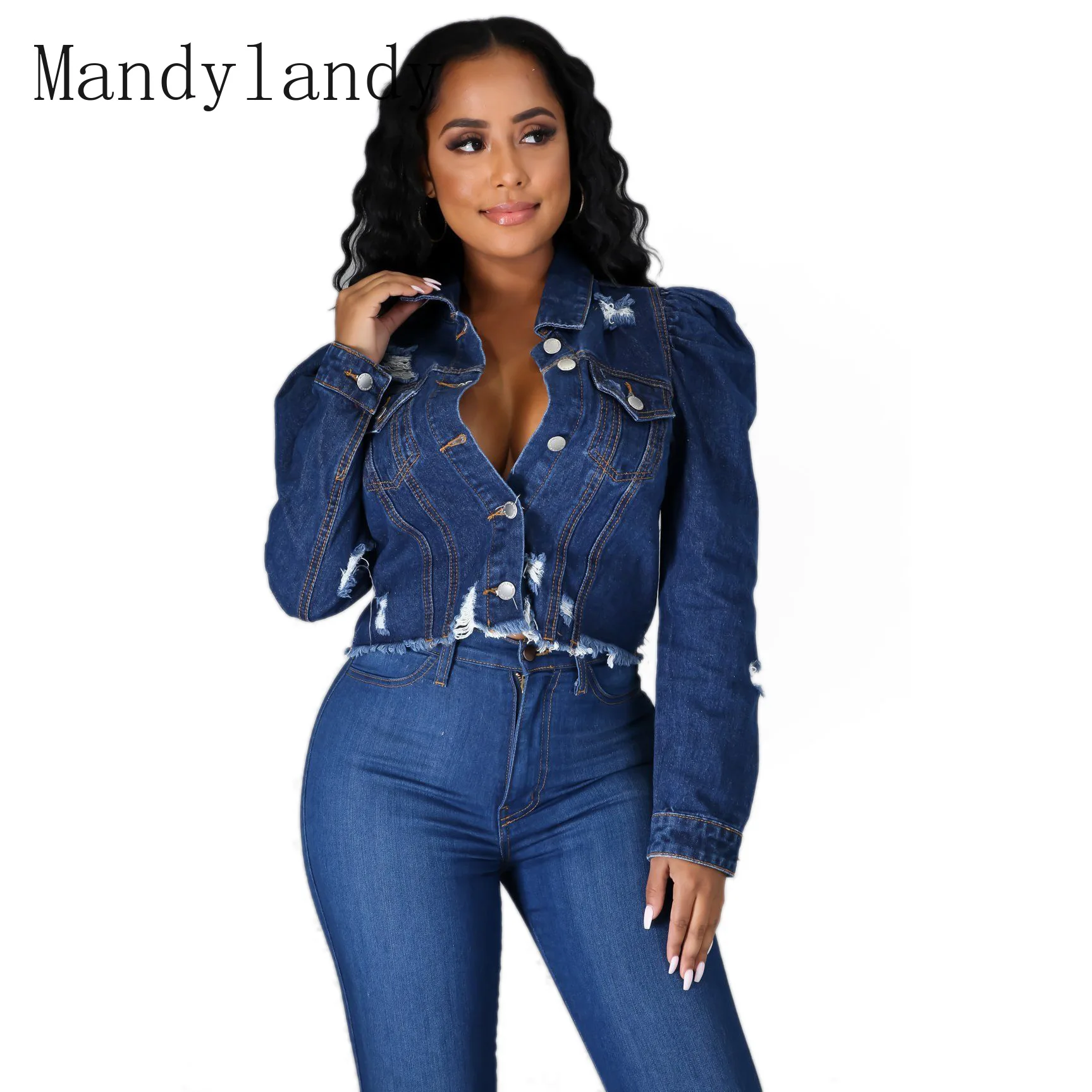 

Mandylandy Turn-down Collar Denim Jacket Women's Solid Hole Slim Jacket Spring Long Sleeve Single-Breasted Pocket Short Jacket