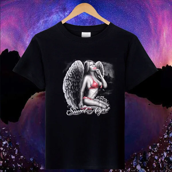 

Popular Fashion Sweet Angel Roses T-shirt Patriot Motorcycle Bicycle Shirt Short Sleeve Street Style High Quality Cotton Shirt