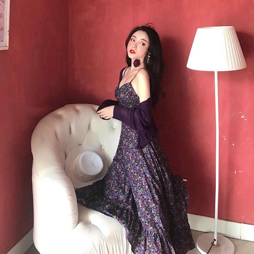 

Retro Style Two Piece Sets Fashion Temperament Elegant Casual Floral Purple Spring Summer 2021 V-neck Long Sleeve High Waist