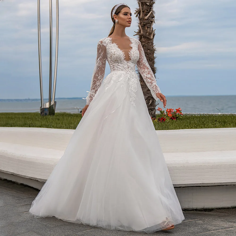 

A-Line Tulle Wedding Dress 2021 Charming V-Neck Appliques Lace Long Sleeve Sweep Train Button Back Robe De Marie