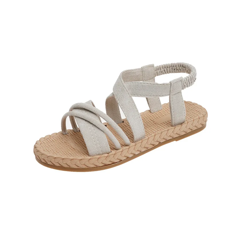

Roman Sandals Strappy Heels 2021 Summer Women's Low Shoes Cross-Shoes Suit Female Beige Gladiator Low-heeled Girls Retro Flat C
