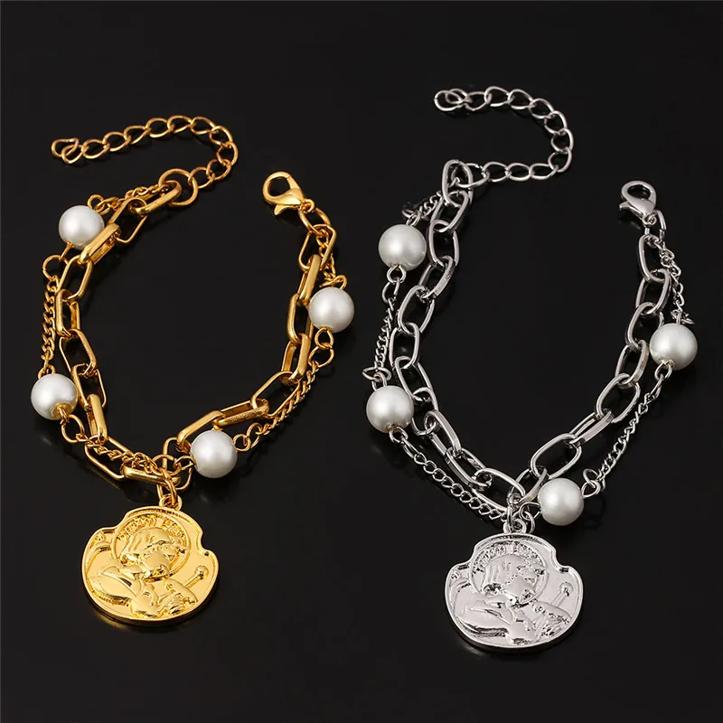 Искусственный жемчуг рельефный браслет для Для женщин двойной принц слой