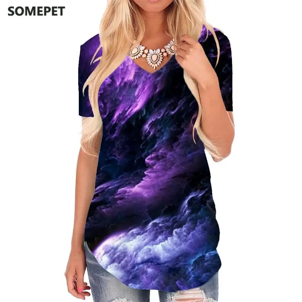 

SOMEPET Nebula T-shirt women Purple Tshirts Printed Space T-shirts 3d Universe V-neck Tshirt Womens Clothing Fashion Loose