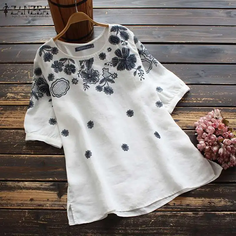 

2021 Floral Embroidery Blouse Summer Casual Tops Holiday O Neck Blusas ZANZEA Women Vintage Half Sleeve Chemise Loose Retro Tops