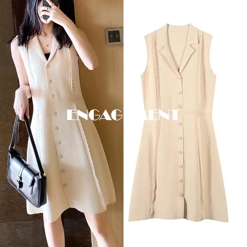 

ENGAGEMENT 2021 Summer Slim Slim High Waist Knit Dress Lapel Single-breasted Sleeveless A-line Skirt Elegant Skirt