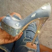 blue denim crystal heels pumps women shoes peep toe high platform lace jeans elegant party dress shoes ladies slip on