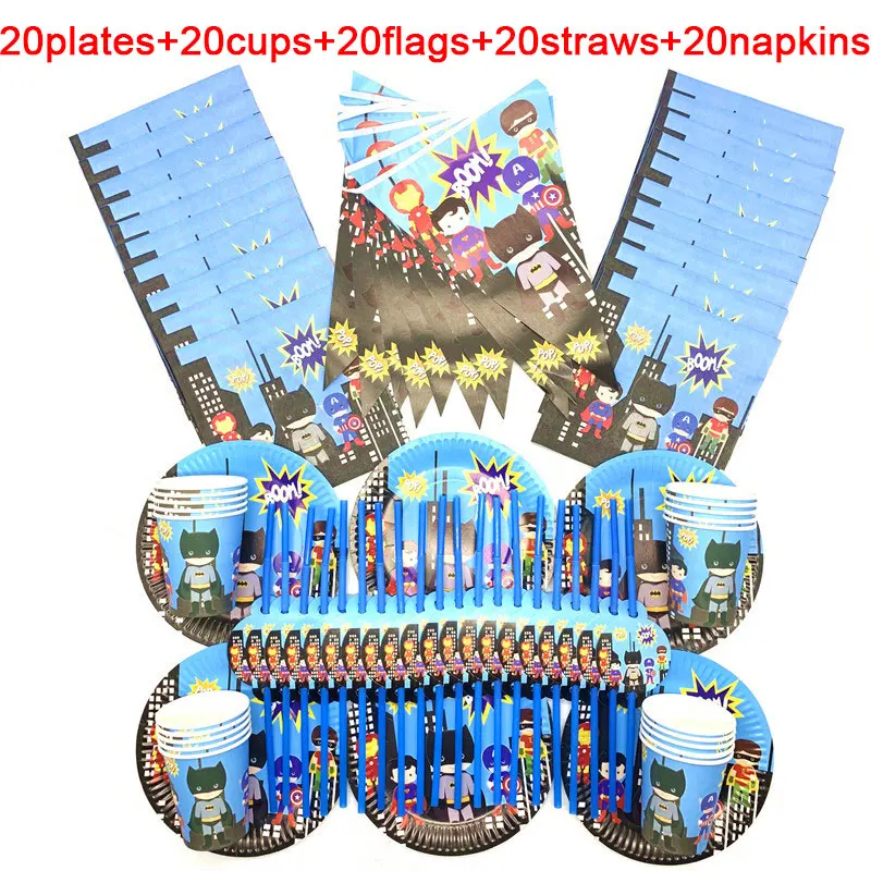 100 шт./лот 20 человек с днем рождения Дети Дисней Мстители детский душ вечерние украшения набор баннер соломинки чашки тарелки поставщик - Цвет: Superhero-100pcs