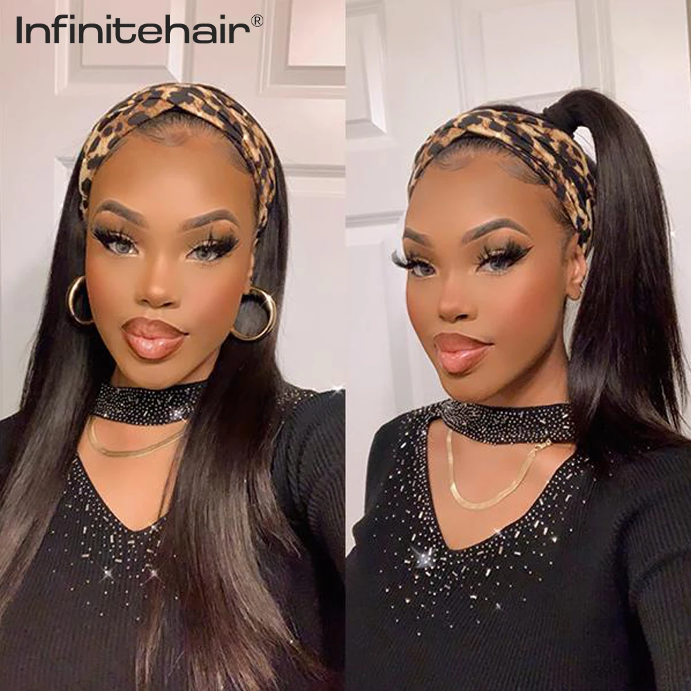 Brazilian Straight Hair Headband Wig Glueless Scarf Remy Human Hair Wigs Full Machine Made Wig for Black Women Beginner Friendly