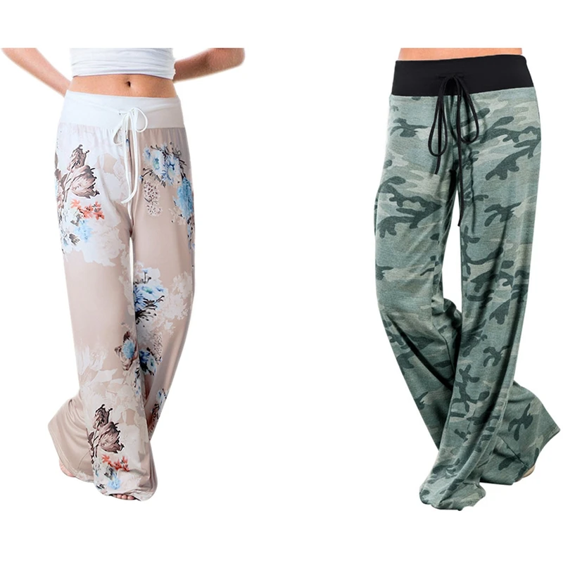 

2 Pcs Women's Joggers Pants Sports Yoga Pants Trousers Wide Leg Pant High Waist Sweatpants Khaki & Green Camouflage