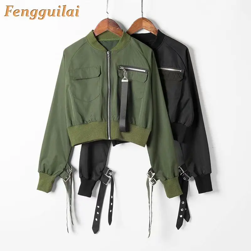

FENGGUILAI Outerwear Coat Bomber Jacket Women Patch Long Sleeve Autumn Jacket Pocket Hig Waist Buckle Zipper Streetwear Jacke