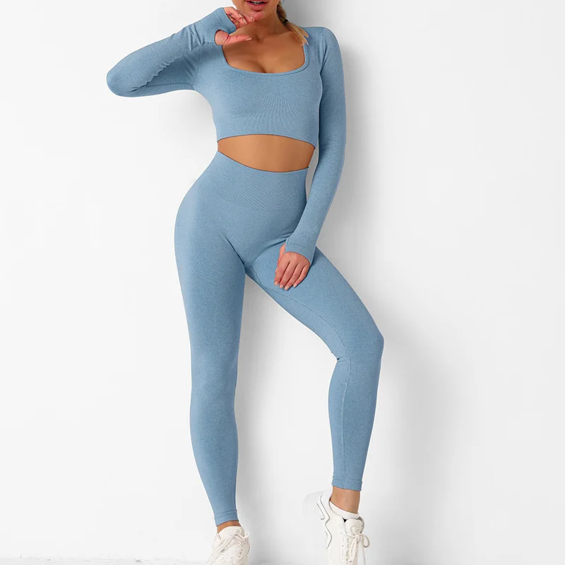 

Женские комплекты для йоги, бесшовный костюм для йоги, спортивный Топ с длинным рукавом для бега, леггинсы с высокой талией, женский спортив...