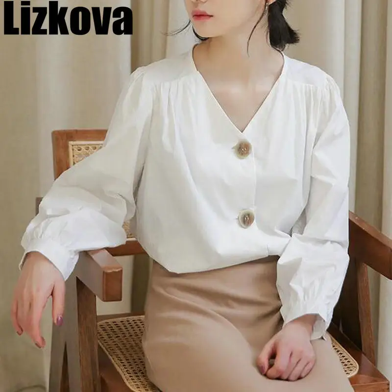 Осень 2019 Женская белая рубашка винтажная Повседневная v образный вырез фонарь