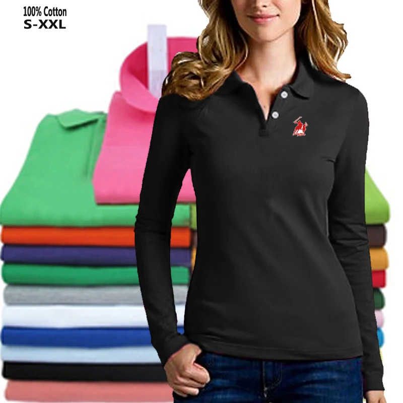 Высокое качество 100% хлопок 2020 с длинным рукавом Женские рубашки поло вышивкой