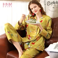 hnmchief christmas pajama sets silk satin homewear turn down collar sleepwear lady long sleeve spring nightwear femme 2 pcs sets