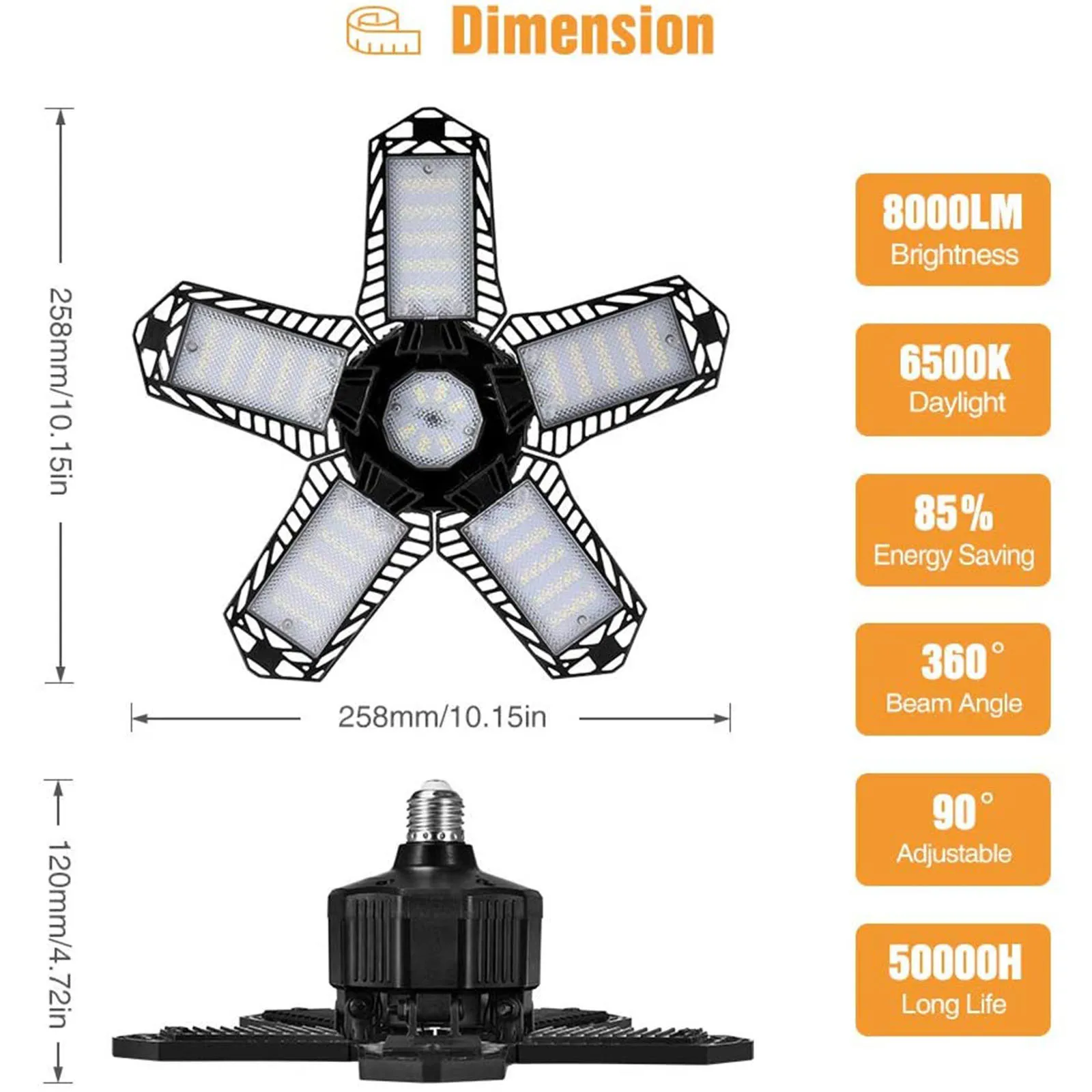 

LED Five Leaf Garage Light Deformation Folding High Bay Light 80W Black Style White Light Garage Bulb Adjustable Deformable F4