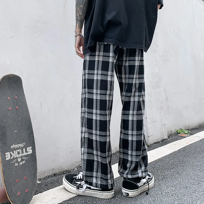 

Spring Summer Plaid Pants Men's Fashion Retro Casual Pants Men Streetwear Korean Loose Straight Wide Leg Pants Mens Trousers