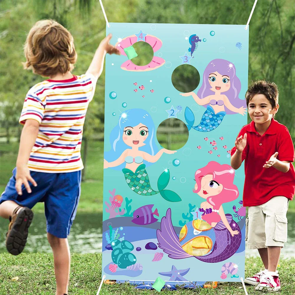 

Mermaid Toss Games with 3 Bean Bags Set Carnival Birthday Ocean Beach Theme Party Favor Supplies Have Fun for Children