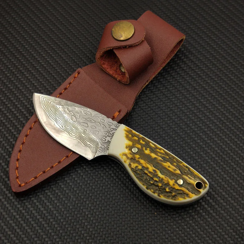 

Damascus Steel Blade Antler Outdoor Camping Knife Portable Survival Hunting Knives With Leather Sheath EDC Fixed Blade Knife