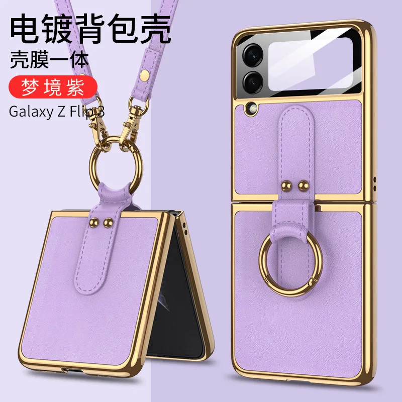 

For Samsung Galaxy Z Flip 3 5G Case Luxury Lanyard Strap leather Ring Holder Lens Glass Protection Cover
