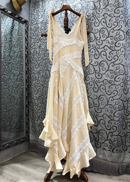 

2021 early spring new fashion women's deep V-neck water-soluble color matching embroidery flower knotted long dress 106