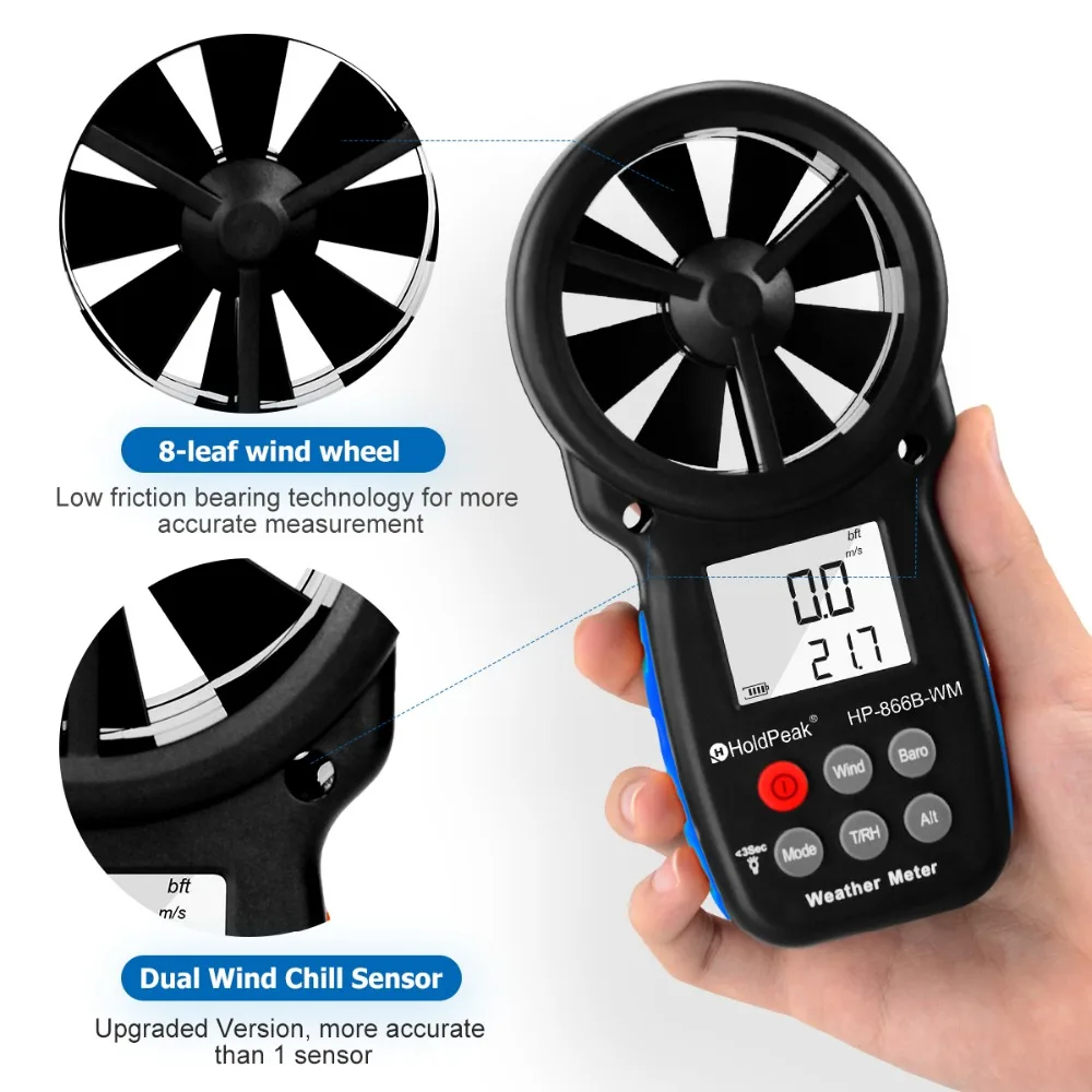Измеритель скорости ветра Anemometer HoldPeak с цифровым сенсором чашка Anemometro 30 м/с ЖК