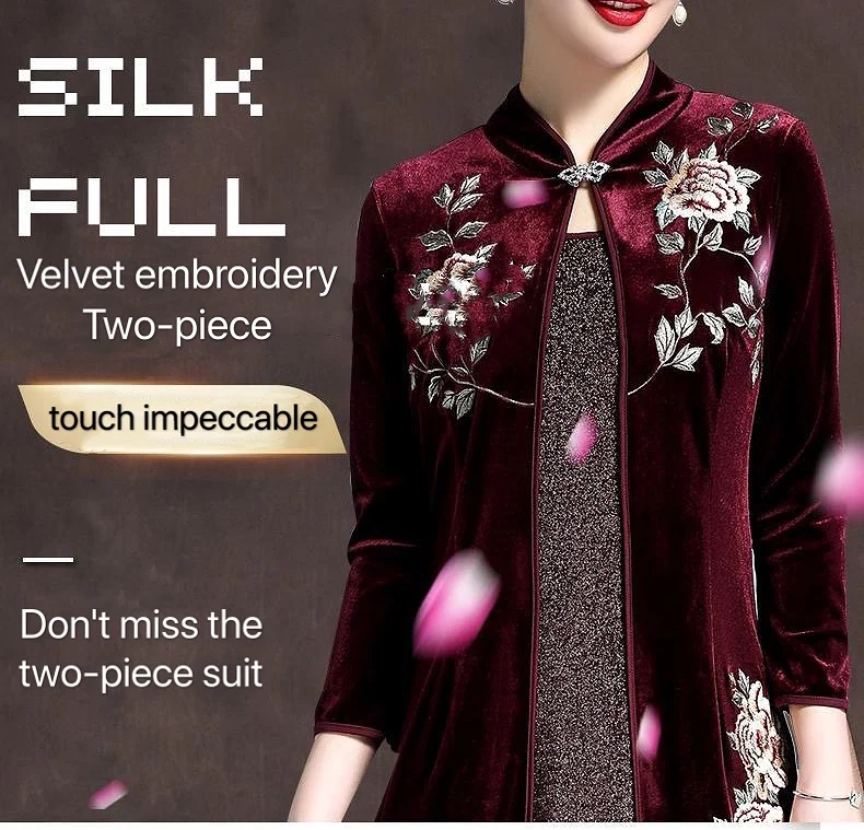 

Burgundy Velvet Mother Of The Bride Dresses Half Sleeve Plus Size Embroidery Jacket 2 Pieces Mother Dress Wedding Evening Party