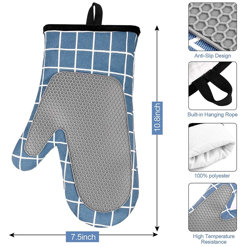 Oven Gloves Heat Resistant Silicone with Cotton Double for Cooking Baking Grilling Barbecue Microwave Gauntlet | Дом и сад