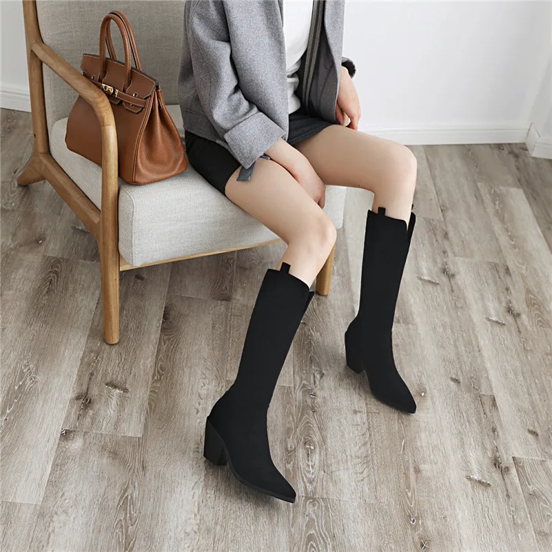 

Meotina High Heel Knee-High Boots Women Shoes Pointed Toe Chunky Heels Long Boots Ladies Winter Female Footwear Apricot Black 46