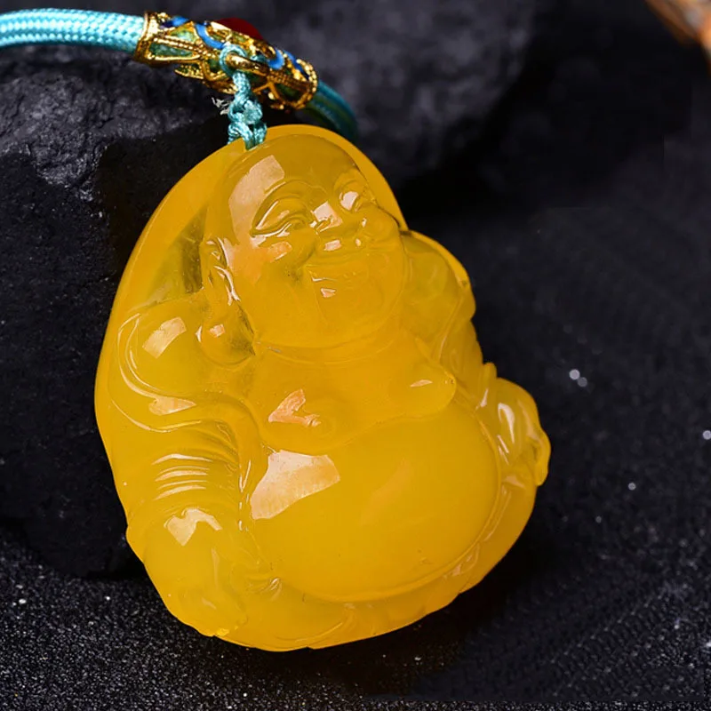 

Новый кулон из янтарного пчелиного воска, резной кулон Будды из смеющегося камня, женский кулон на цепочке для свитера