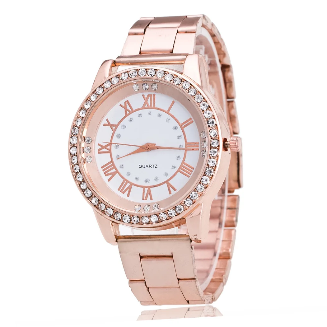 

Часы женские из нержавеющей стали с римскими цифрами, простые Стильные золотистые/Серебристые/розовые/золотистые, с браслетом из страз, на ...