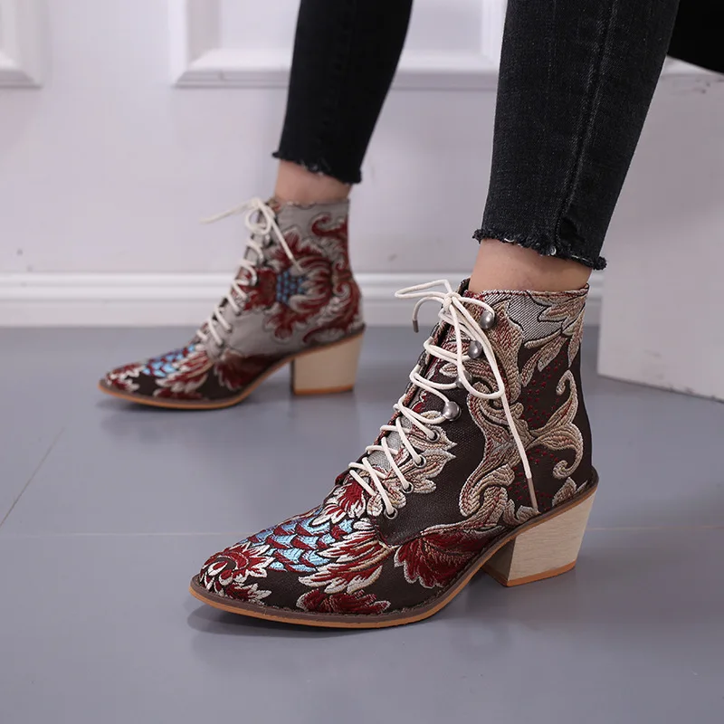 

Vintage Women Ankle Boots Flower Printed Motorcycle Booties Ladies Shoes Woman's High Heels Booties Femme