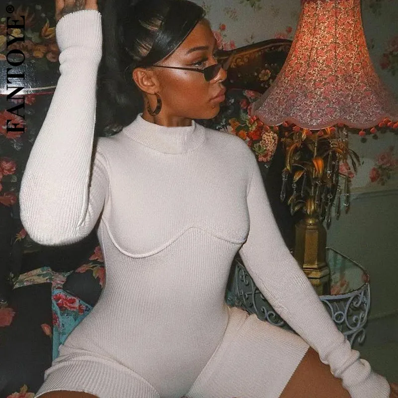 FANTOYE Casual Turtleneck Knitted Playsuit Women Solid Black White Long Sleeve Skinny Bodycon Rompers Womens Jumpsuit Overalls |