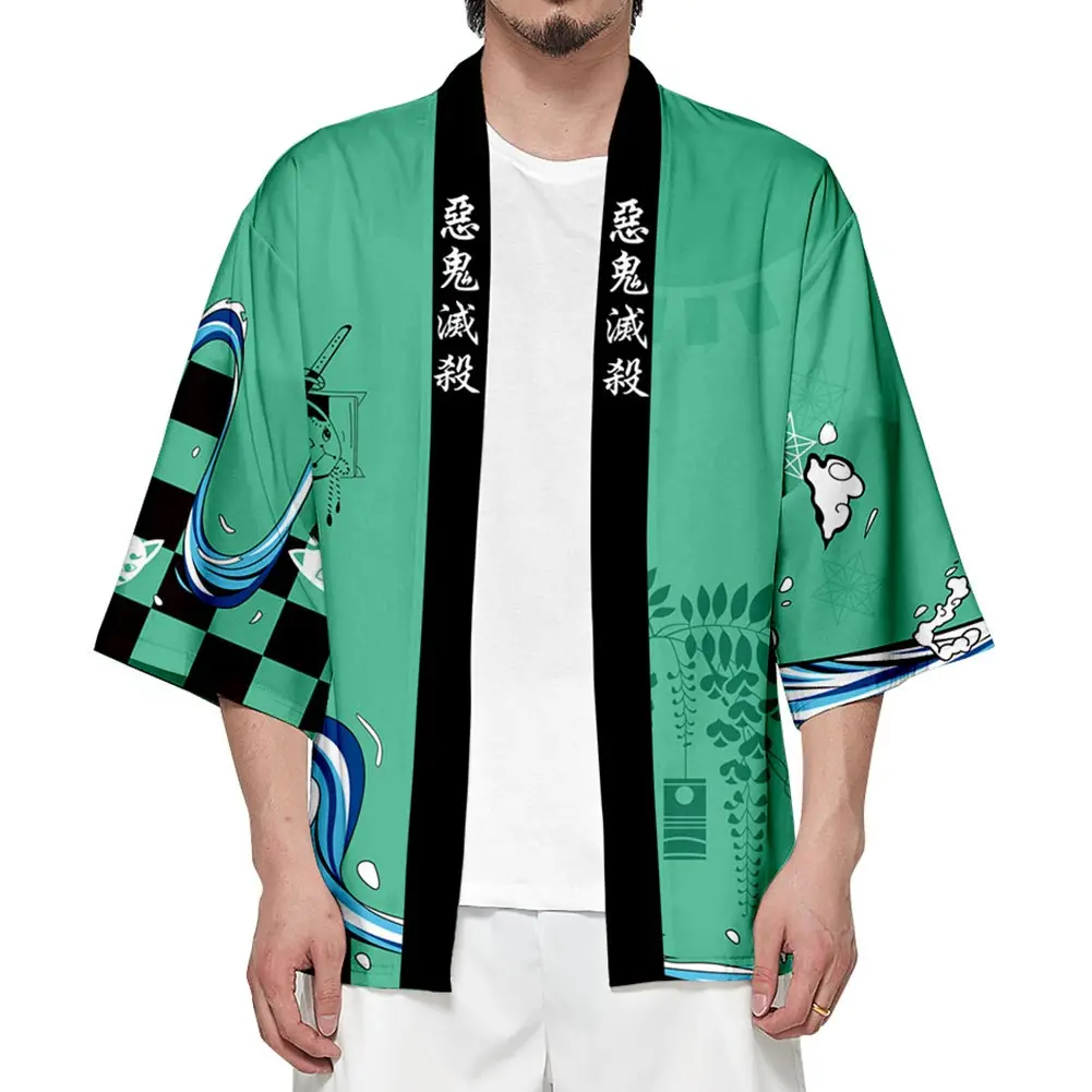 

Demon Slayer: Kimetsu no Yaiba Kamado Tanjirou Japanese Kimono Haori Yukata Cosplay Adult Summer Short Sleeve Kimono Shirts