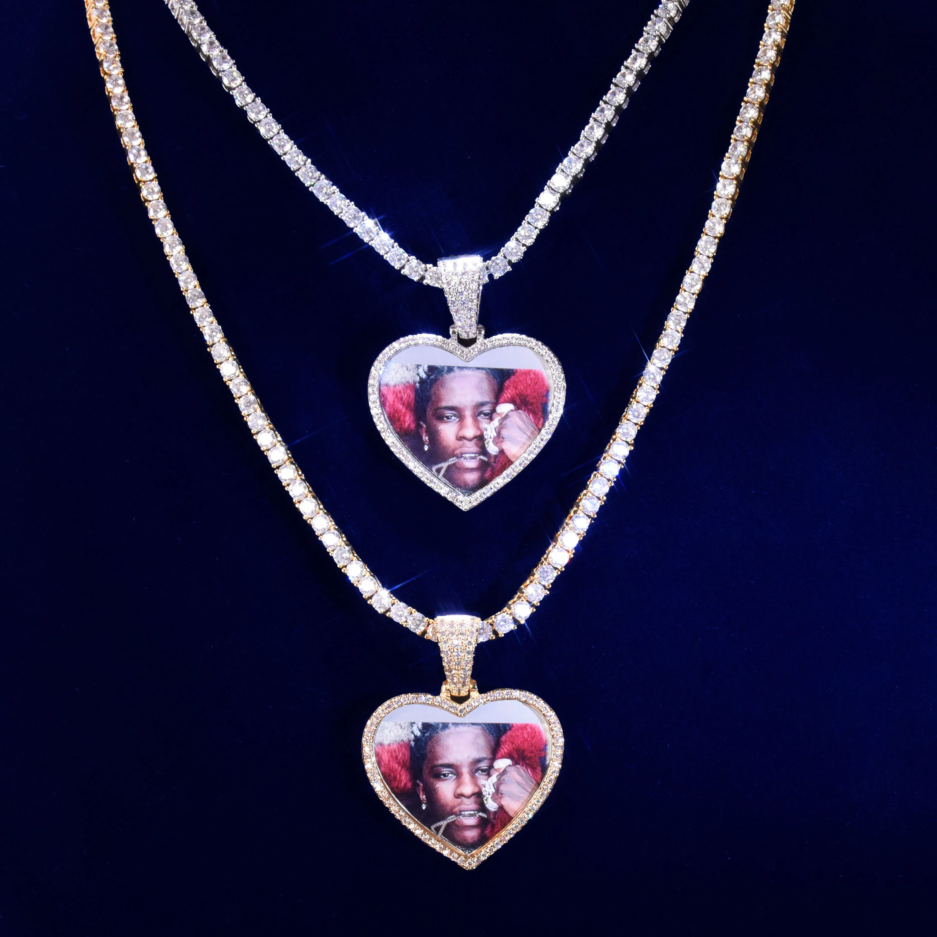 

Custom Made Photo Heart Medallions Necklace & Pendant Solid Back Gold Color Aaa Zircon Men's Hop Jewelry