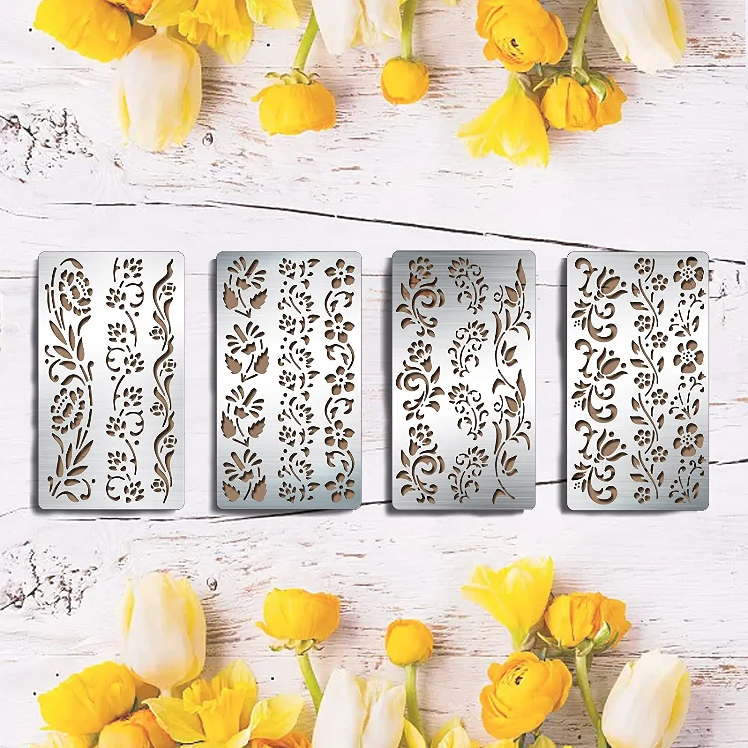 

4PCS 4x7 Inch Floral Metal Stencils 4 Style Flower Stencil Template Art Craft Stencils for Wood Carving Drawings Woodburning