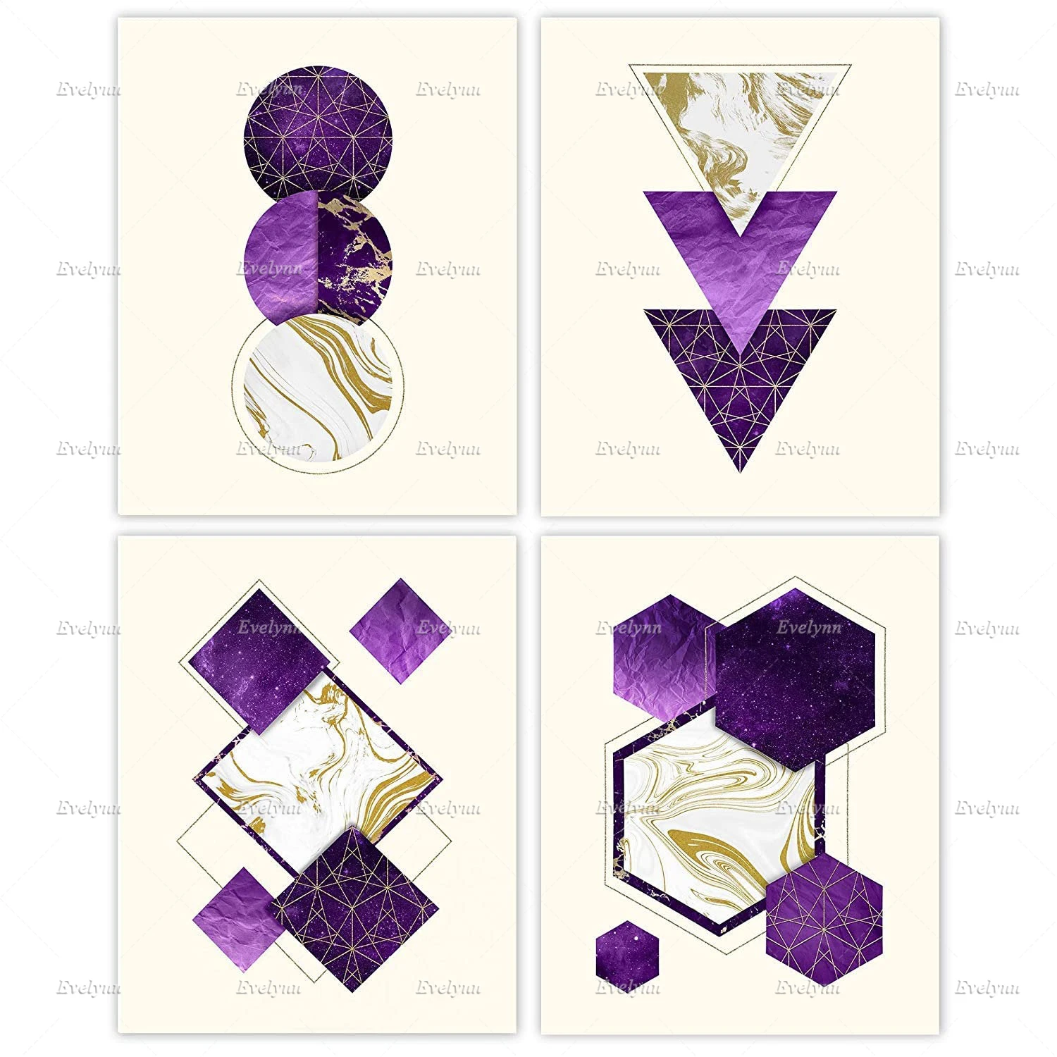 

Purple And Gold Bathroom Decor, Modern Geometric Wall Art Print, Set Of 4 Unframed Lavender Prints For Living Room Home Decor