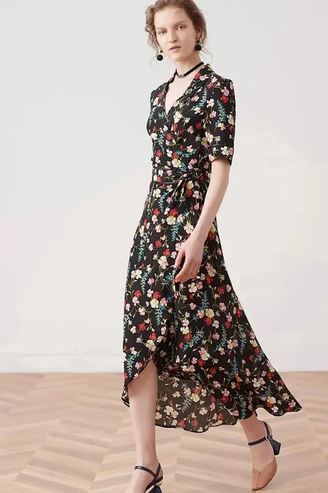 Женское платье с цветочным принтом шелковое запахом 2019|Женские платья| |