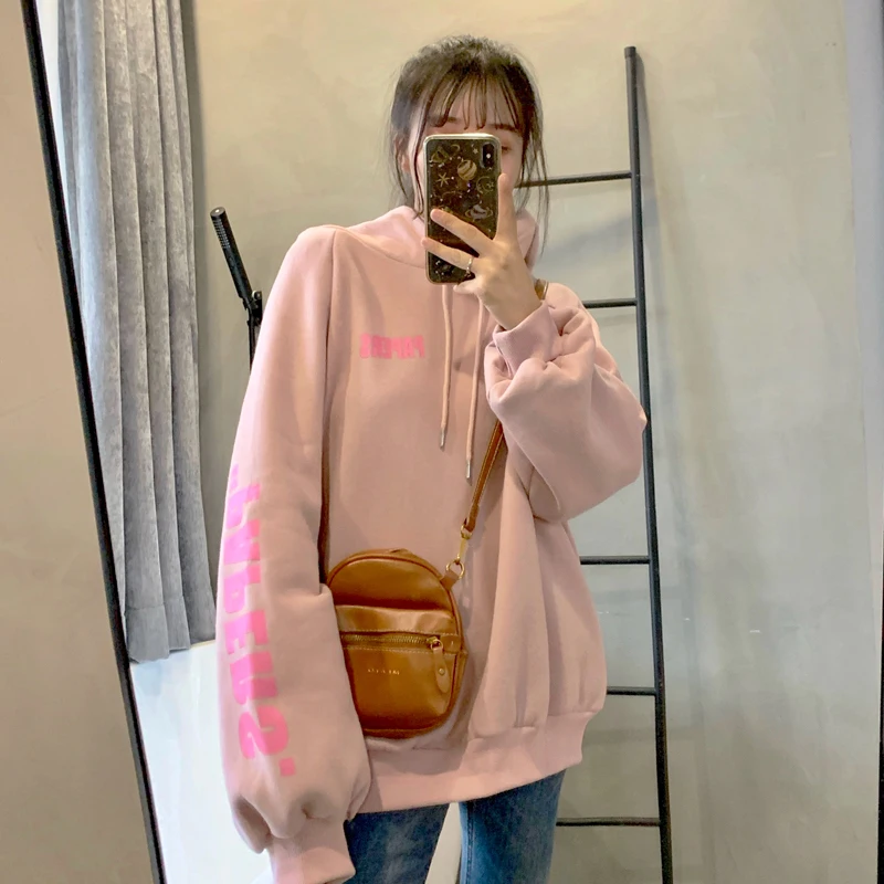 

2022 Letter Printed Women Hoodies Long Sleeve Warm Thin Autumn Apricot Pink Sweatshirt Hipster Female Hoody Pullover Winter