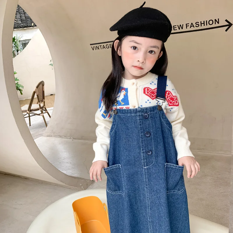 

Girls Denim Skirt Autumn New Style Retro Denim Strap Skirt Children Western Style Long Knee-length Dress Kids Dresses for Girls
