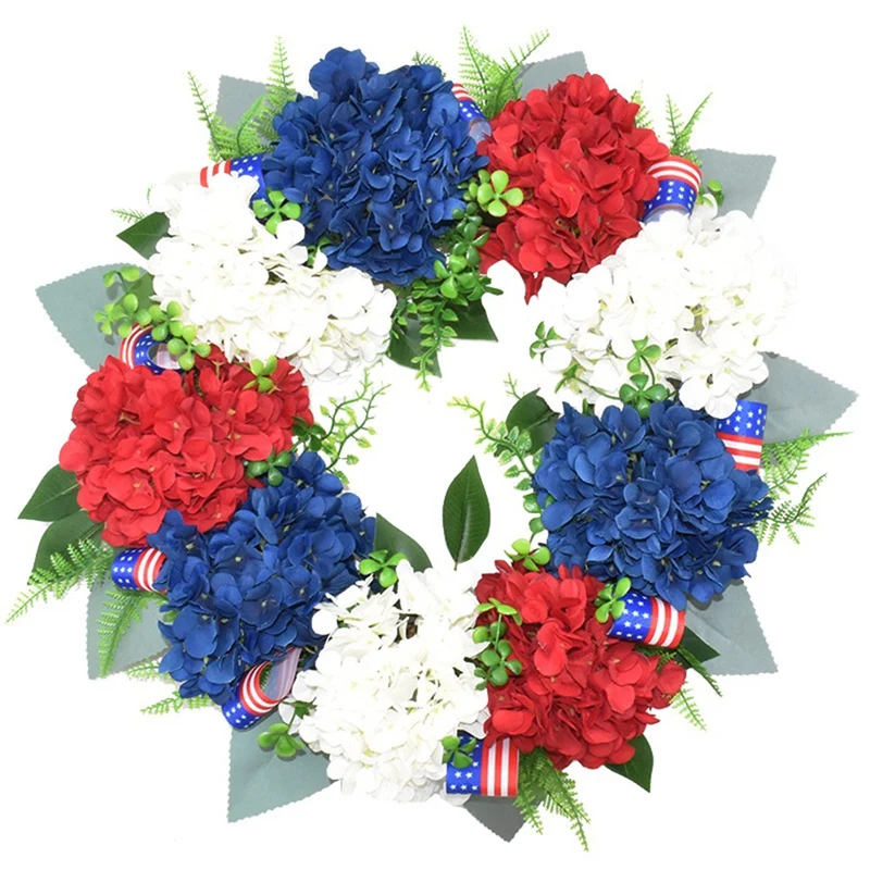 

AT69 -Artificial Hydrangea Wreath American Patriotic Independence Day Usa July 4Th Decoration for Front Door Wall Window Decor