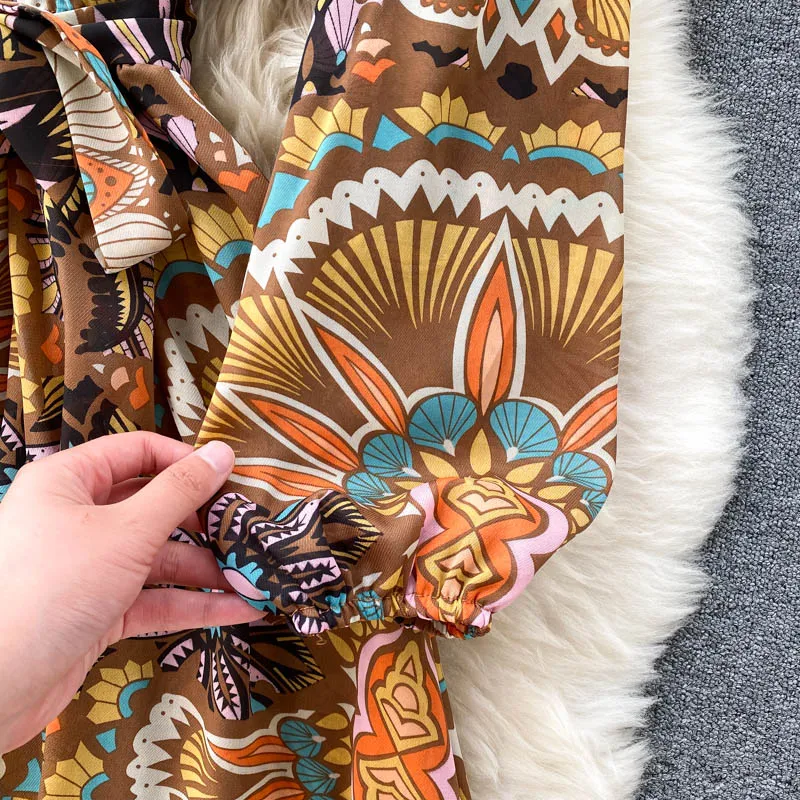 

Elegant Flower Printed Maxi Dress Women V Neck Lantern Sleeve High Waist Bow Tie Slim Dresses Vintage 2021 Autumn New Fashion