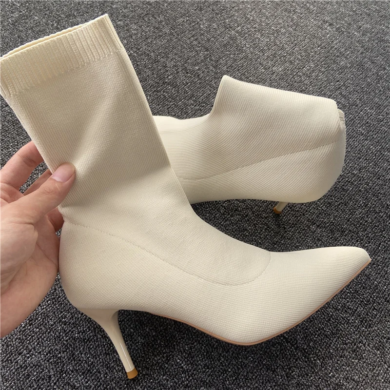 

2023 Women Stretch Boots 7cm 9cm High Heels Fetish Lady Quality Ankle Boots Stripper White Low Heels Warm Autumn Winter Shoes