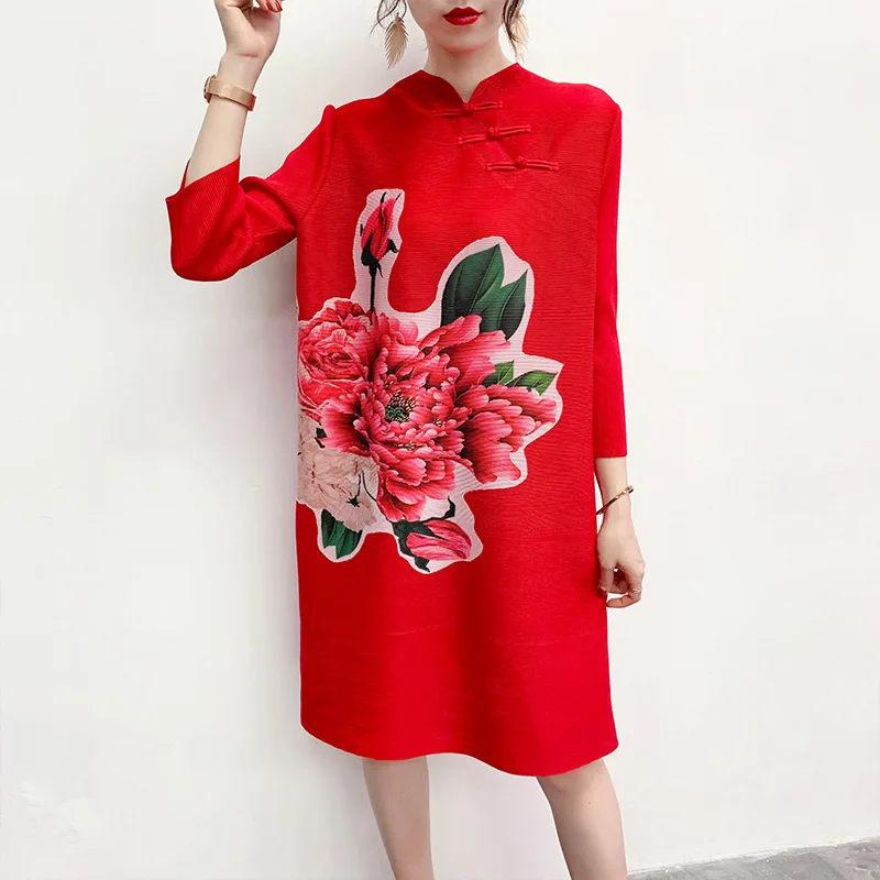 

Dress Summer Women Plus Size 2020 New Vintage Stand Collar 3/4 Sleeves Big Flower Printed Loose A-Line Red Dress Above The Knees